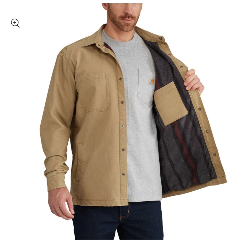 CARHARTT MENS RUGGED FLEX® RELAXED FIT CANVAS FLEECE-LINED SNAP-FRONT SHIRT JAC